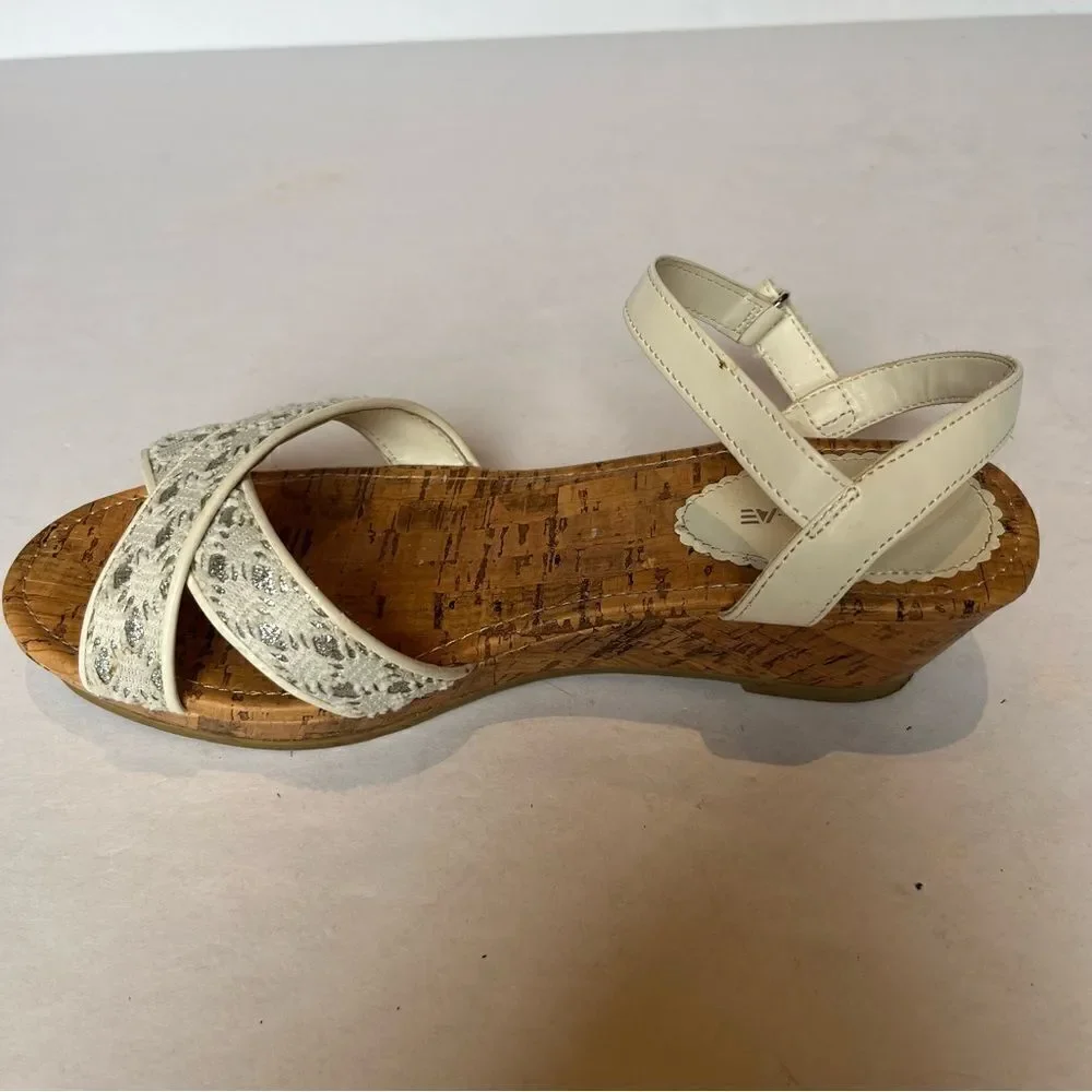 American Eagle Girl's Slingback Sandals Cork Wedge Cream/Silver Size 4 1/2